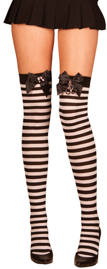 Black and White Striped Thigh High with Satin Bow and Handcuffs 