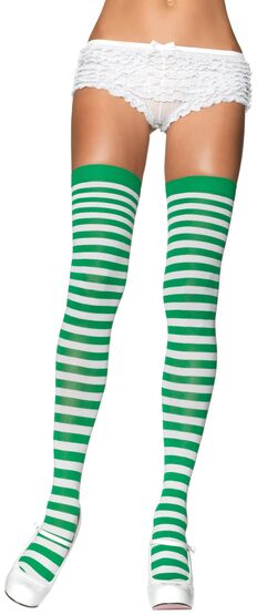 Green and White Striped Thigh High Stocking
